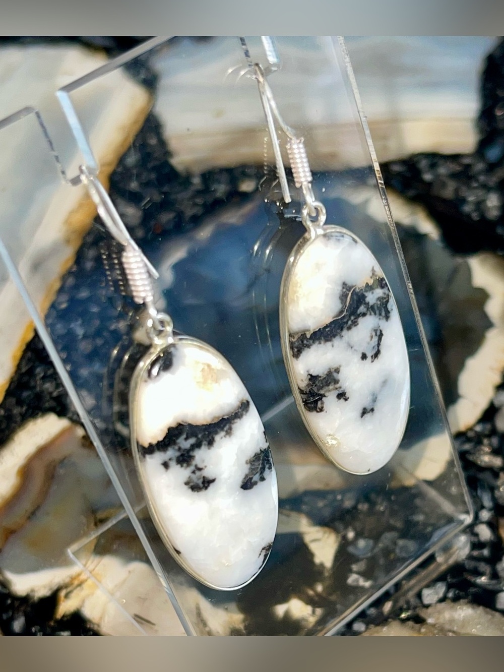 Thin White Buffalo Turquoise Earrings 2” - Picture 10 of 17